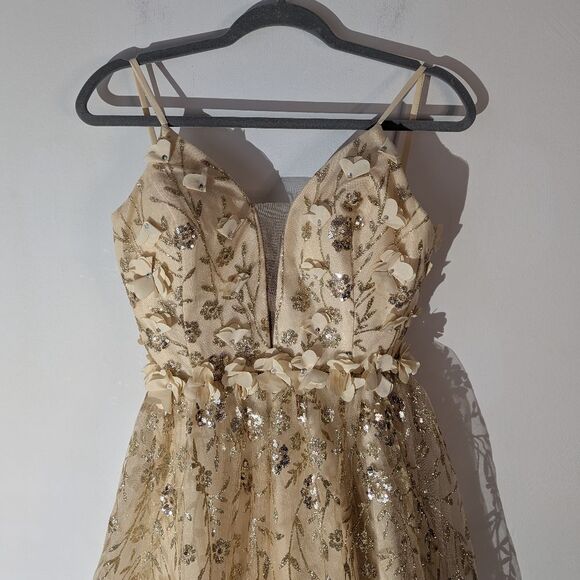 GLS Collective Elizabeth K Champagne Gold 3D Floral Butterfly Dress Size Medium - Picture 5 of 9